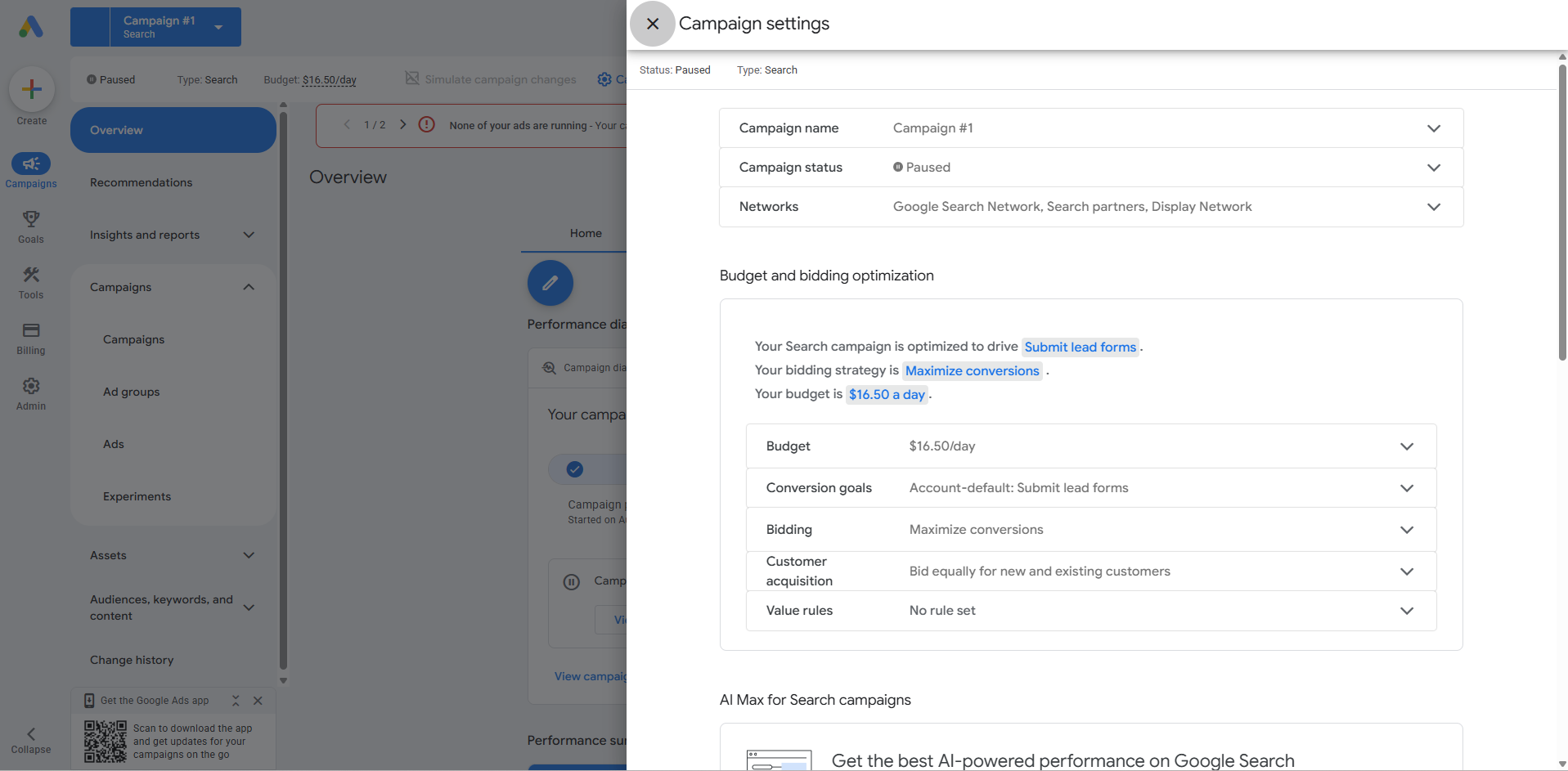 Google Ads campaign settings showing Maximize Conversions bidding, a $16.50 daily budget, and Submit lead forms as the conversion goal